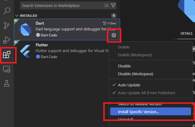 The "Install Specific Version" option in the extensions menu